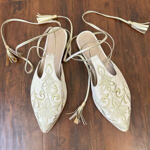 RAYE Gold Embroidered Lace Up Mule Sandals in Ivory Suede